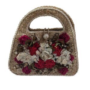 Handcrafted Straw Tote Bag With Floral Embellishments & Dual Handles 15 x 13 x 4